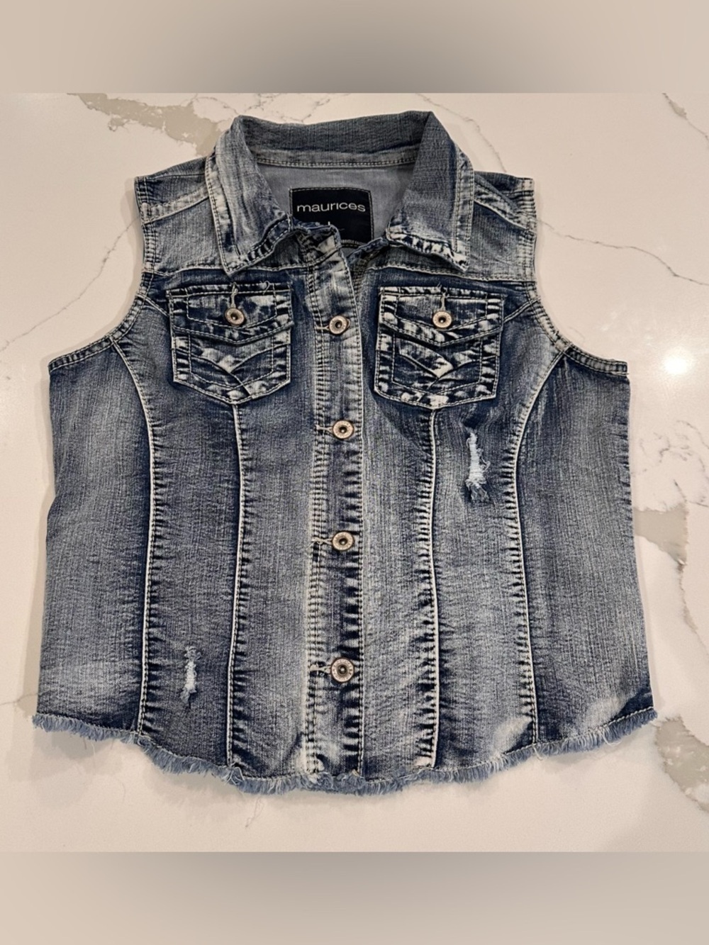 Maurices Blue Denim Vest Jacket Frayed Hem Distressed Womens L Acid Wash Pockets